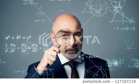 A foreign man observing with a magnifying glass and science concept visuals A foreign man observing with a magnifying glass and science concept visuals 127107219