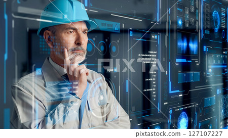 一位外國工程師看著未來介面的概念視覺圖 127107227