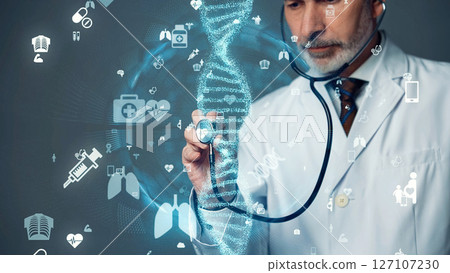 Conceptual visual of a man in a white coat and gene therapy 127107230