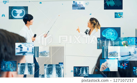 Multinational group of scientists giving an academic presentation and medical technology concept 127107257