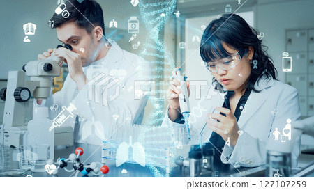 Genetic research concept with multinational group of scientists conducting an experiment Genetic research concept with multinational group of scientists conducting an experiment 127107259