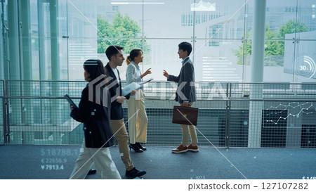 Multinational people talking in office and statistical data concept 127107282