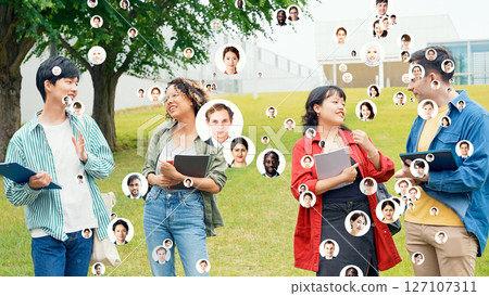 Smiling multinational people and global network concept Smiling multinational people and global network concept 127107311