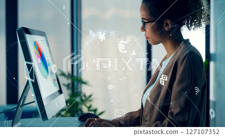 Concept visual of global network with foreign women working in the office 127107352