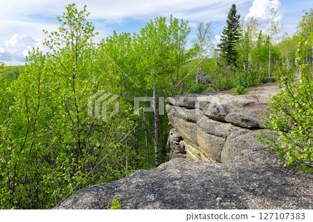 Ancient rock formation in a green forest, geological site. Ancient rock formation in a green forest, geological site. 127107383