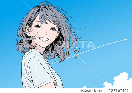 藍天與微笑的女孩插圖“AI生成的圖像” 127107492