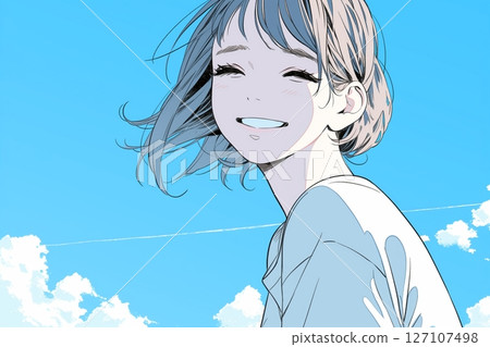 藍天與微笑的女孩插圖“AI生成的圖像” 藍天與微笑的女孩插圖“AI生成的圖像” 127107498