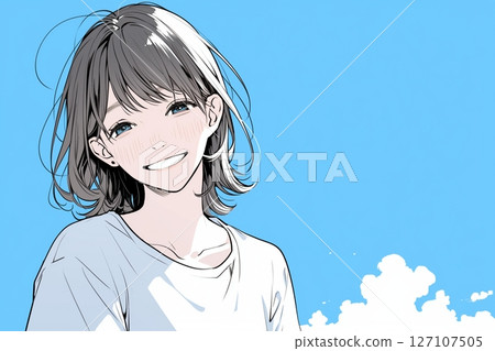 Blue sky and smiling girl illustration "AI generated image" 127107505