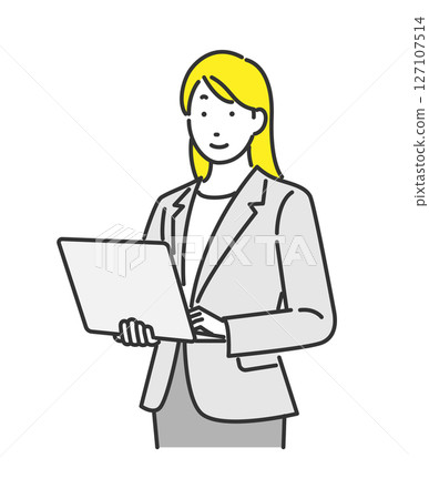Illustration of a businesswoman standing with a laptop Illustration of a businesswoman standing with a laptop 127107514