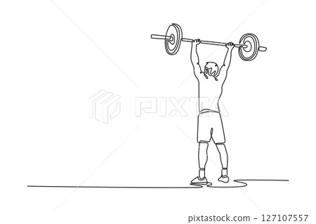 Continuous one line drawing back view fit young man doing heavy weight exercise in health club. Sportsman lifting barbells over his head in the gym. Single line draw design vector graphic illustration Continuous one line drawing back view fit young man doing heavy weight exercise in health club. Sportsman lifting barbells over his head in the gym. Single line draw design vector graphic illustration 127107557