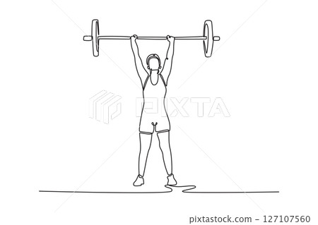 Single continuous line drawing front view male athlete in sportswear doing clean and jerk exercise with heavy barbells during training in gym. Dynamic one line draw graphic design vector illustration Single continuous line drawing front view male athlete in sportswear doing clean and jerk exercise with heavy barbells during training in gym. Dynamic one line draw graphic design vector illustration 127107560