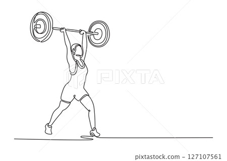 Single one line drawing attractive female athlete in sportswear doing clean and jerk exercise with barbell during cross training in gym. Modern continuous line draw design graphic vector illustration Single one line drawing attractive female athlete in sportswear doing clean and jerk exercise with barbell during cross training in gym. Modern continuous line draw design graphic vector illustration 127107561