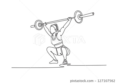 Single continuous line drawing muscular female athlete doing snatch exercise with heavy barbells during intense weightlifting workout at gym. Dynamic one line draw graphic design vector illustration Single continuous line drawing muscular female athlete doing snatch exercise with heavy barbells during intense weightlifting workout at gym. Dynamic one line draw graphic design vector illustration 127107562