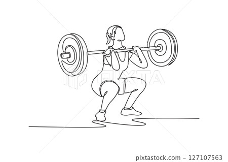 Single one line drawing woman athlete doing front squat with a barbell in the gym. Body building, healthy lifestyle, movement, action concept. Continuous line draw design graphic vector illustration Single one line drawing woman athlete doing front squat with a barbell in the gym. Body building, healthy lifestyle, movement, action concept. Continuous line draw design graphic vector illustration 127107563