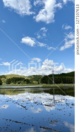 Sunny day countryside landscape and sky reflection vertical image 127107618