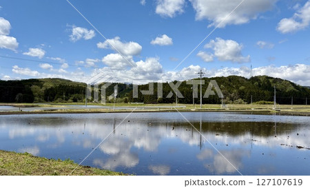 Sunny day countryside landscape with sky reflection horizontal image Sunny day countryside landscape with sky reflection horizontal image 127107619