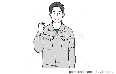 Illustration material of a man in work clothes making a fist pump 127107789