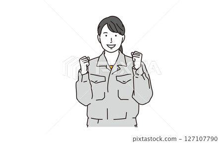 Illustration material of a woman in work clothes making a fist pump 127107790