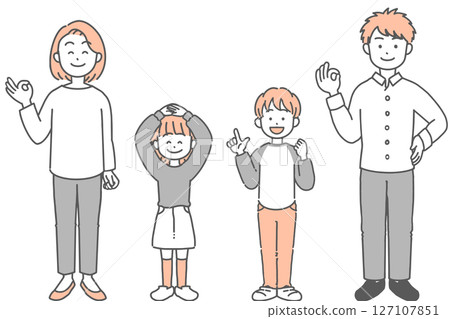 Illustration set of a two-generation family of father, mother and child making hand signs Illustration set of a two-generation family of father, mother and child making hand signs 127107851