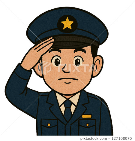 穿著制服的警察敬禮的插圖，一名男警的上半身表情嚴肅地敬禮，一名戴著帽子的警察敬禮 127108070