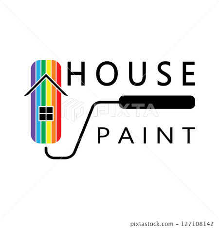 logo icon illustration house paint with a blend of brushes and rollers for house wall paint design, minimalist house, painting, interior, building, property business, wallpaper, vector concept 127108142