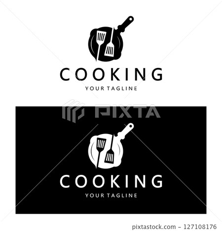 frying pan and spatula logo, kitchen cooking equipment, for business, company, restaurant frying pan and spatula logo, kitchen cooking equipment, for business, company, restaurant 127108176
