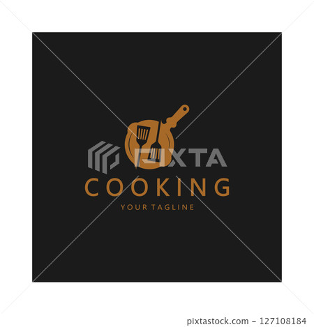 frying pan and spatula logo, kitchen cooking equipment, for business, company, restaurant 127108184