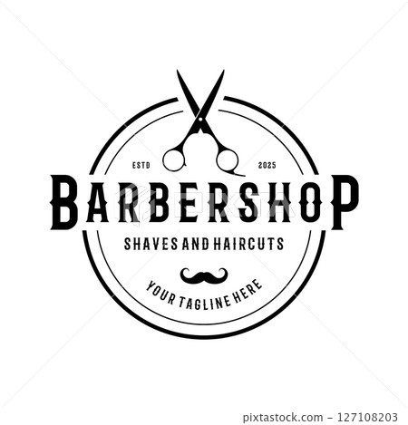 Barbershop logo vintage, retro, haircut, shaving, with scissors, shaving pole, comb, razor. for business, emblems, labels, barber shops, badges. Barbershop logo vintage, retro, haircut, shaving, with scissors, shaving pole, comb, razor. for business, emblems, labels, barber shops, badges. 127108203