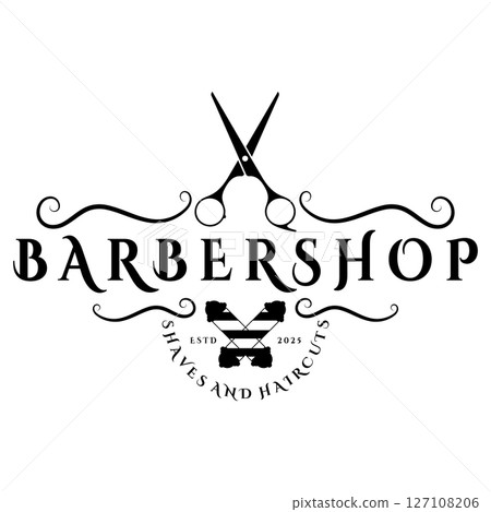 Barbershop logo vintage, retro, haircut, shaving, with scissors, shaving pole, comb, razor. for business, emblems, labels, barber shops, badges. Barbershop logo vintage, retro, haircut, shaving, with scissors, shaving pole, comb, razor. for business, emblems, labels, barber shops, badges. 127108206