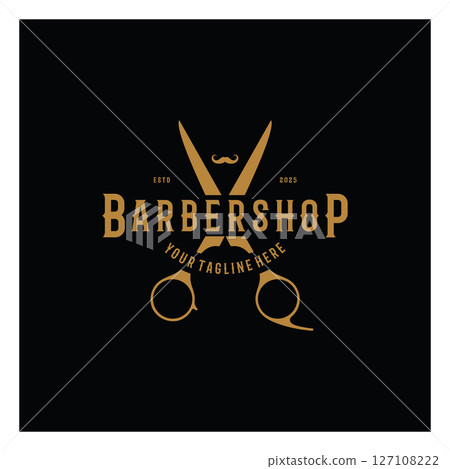 Barbershop logo vintage, retro, haircut, shaving, with scissors, shaving pole, comb, razor. for business, emblems, labels, barber shops, badges. 127108222