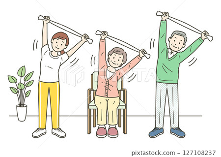 Illustration set of elderly men and women stretching and caregivers Illustration set of elderly men and women stretching and caregivers 127108237
