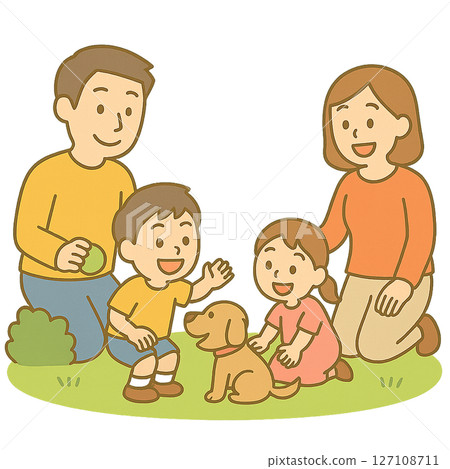 一家人在公園和狗玩耍 127108711
