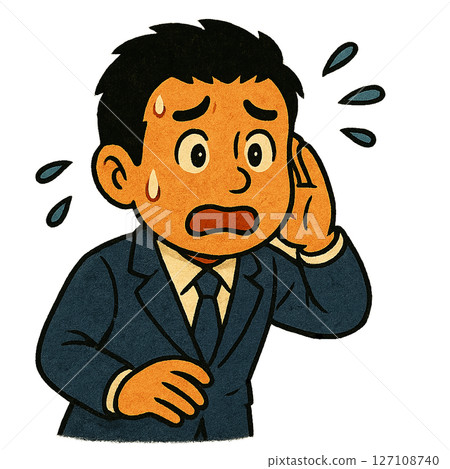 一位西裝革履的商人驚訝地用手摀住耳朵。這幅插圖描繪了一位商人在聽到一個令人震驚的故事後感到不安。 127108740