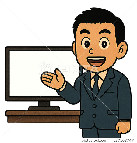 一位穿著西裝的商人在顯示器旁解釋,插圖中一名男子在演示過程中使用顯示器展示螢幕 一位穿著西裝的商人在顯示器旁解釋,插圖中一名男子在演示過程中使用顯示器展示螢幕 127108747