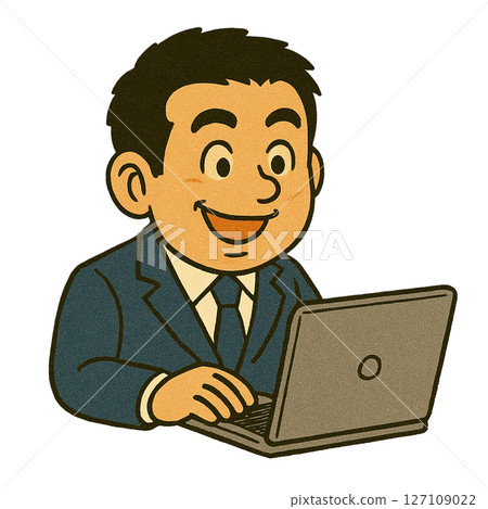 一位微笑的商人操作筆記型電腦，一位西裝革履的男士興高采烈地工作，一位男士在電腦上工作時玩得很開心 127109022