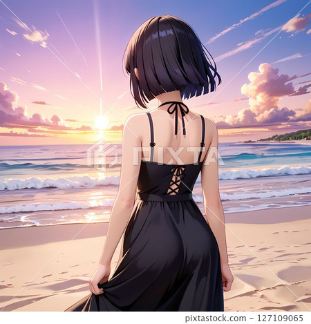一位身穿黑色洋裝的女子站在沙灘上的背影 127109065