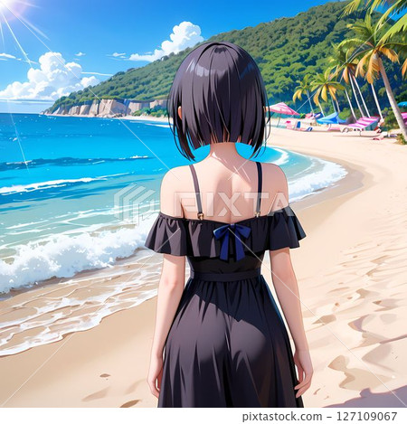 一位身穿黑色洋裝的女子站在沙灘上的背影 127109067