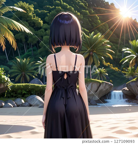 Back view of a woman wearing a black dress standing on a sandy beach Back view of a woman wearing a black dress standing on a sandy beach 127109093