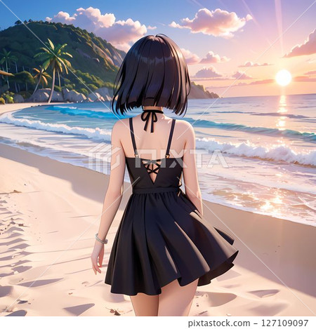 A woman watching the sunset on the beach A woman watching the sunset on the beach 127109097