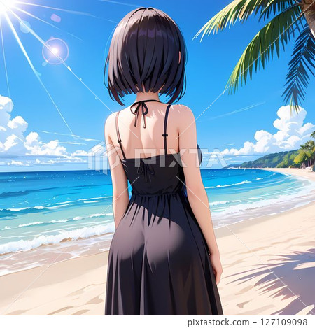 一位身穿黑色洋裝的女子站在沙灘上的背影 一位身穿黑色洋裝的女子站在沙灘上的背影 127109098