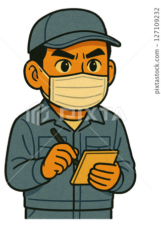 Illustration of a male staff member in work clothes taking notes with a serious expression, a field worker wearing a mask and recording, while taking measures against infection 127109232