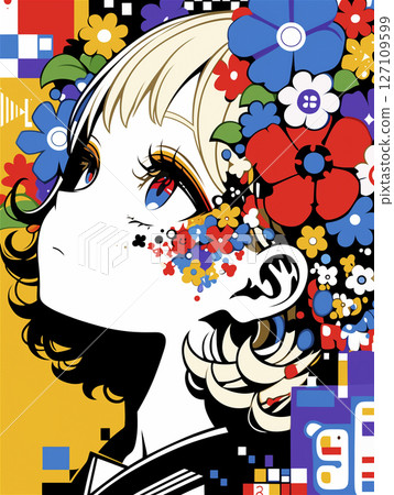 女孩和繡球花的插圖 127109599