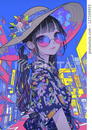 穿著花卉和服式連身裙的迷幻女孩 穿著花卉和服式連身裙的迷幻女孩 127109955