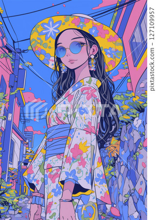 Psychedelic girl in a floral kimono-style dress 127109957