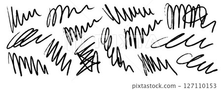 Hand drawn pen scribbles set. Grunge crayon curly doodle line pack. Black free hand rough pencil scrawls collection. Messy charcoal squiggle brush stroke bundle. Vector bold wiggly marker sketch swirl 127110153
