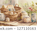 Country style basket and glass bottles 127110163