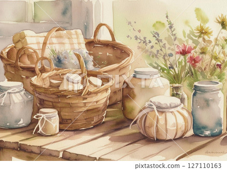Country style basket and glass bottles 127110163