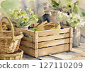 Country style: Wooden boxes and baskets, and rustic flowers 127110209
