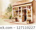 A cute, rustic shop surrounded by flowers and greenery 127110227