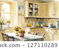 A relaxing country kitchen painted in watercolors 127110289